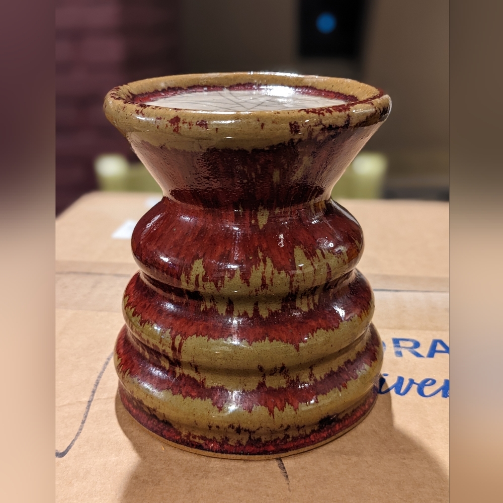 Pier 1 Imports Pillar Candle Holder Glazed Ceramic Stoneware Olive Green Red